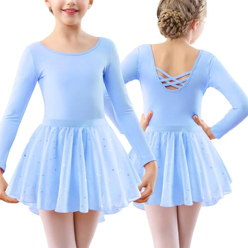 FEOYA Mädchen Langarm Ballettkleidung Baumwolle Ballettkleid Kinder Ballett Trikot mit Ballettrock Rückenfrei Ballettanzug Glitzer Tanzkleid Modisch Turnanzug Ballettbody mit Rock Tütü 120-160