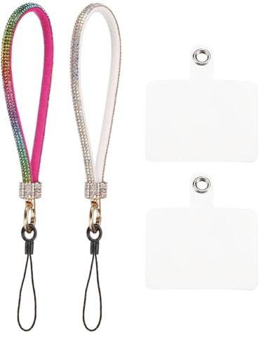 QUARKZMAN 2pz Laccio Telefono Universale Cinturino Polso Staccabile Scintillio Patch Telefono Lussuoso Cordoncino Strass per Auricolari Portachiavi Portamonete Portafoglio Bianco Multicolore