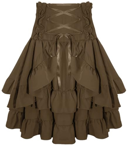 SEAUR Viktoriansk kjol damer midi hög midja volanger kjol renässans medeltida vintage steampunk gotisk kjol A-linje snörning tre lager kjol karneval festlig cosplay kostym, BRUN, M