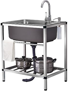 GODFSAHG Küchenspüle, Edelstahlspülen, freistehende Gastronomiespüle für Esstisch, Küche, industrielle Garagenspüle, Waschküche mit Wasserhahn und Abfluss (58 x 43 x 75 cm)
