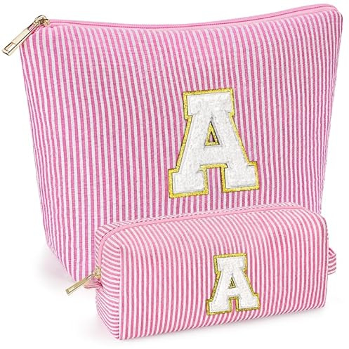 mibasies 2 PCS Initial Makeup Bags for Women: Cosmetic Bag for Travel Toiletry - Birthday Gifts for 11 12 13 14 15 16 17 18 Years Old Girl Graduation - Teen Girl Gifts Trendy Stuff - Pink A