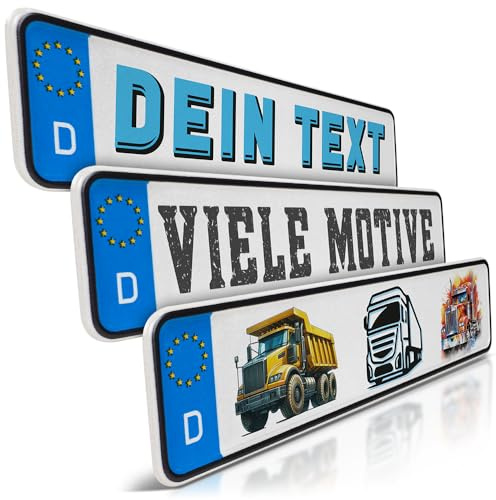 1 Mini Kfz-Kennzeichen | LKW Namensschild | Geburtstag | Truck | Aluminium | Kleines Fun-Kennzeichen für Kinderauto | Trucker | Wunschtext | Kettcar | Tretauto | Gokart | Kinderfahrrad Nummernschild