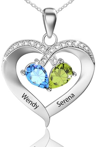 JONZIN Collier Personnalisé Prénom-Collier Gravé 1-4 Nom Pendentif et Pierre de Naissance,Muttertag Geschenk pour Femme Fille Maman Mamie Copine,Cadeau Fête des Mères (2 Name + Birthstone)