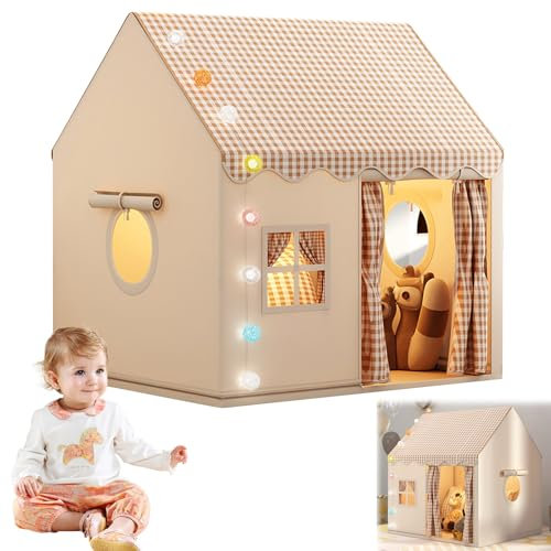 KOAVAE Kinderspielzelt Spielzelt für Kinder, LED-Lichtern, Kinderspielhaus, Prinzessin Zelt mit Fenstern, Mädchen & Jungen ab 3 Jahre, Kinderzimmer Dekor, Spielzelt für Drinnen (Khaki)