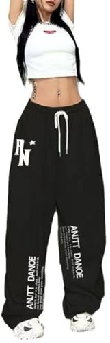 Pantalones De Baile Hip Hop, Pantalones De Cintura Alta con Cordón Y Gráficos, Corte Holgado, Rojo, Blanco, Negro, S-2XL (Black,S)
