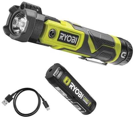 RYOBI Lampe torche 4V - 3 intensités : 640/240 / 80 Lumens - pointeur laser - base magnétique - Livrée avec câble USB-C + batterie 3Ah (Powerbank - recharge les téléphones)