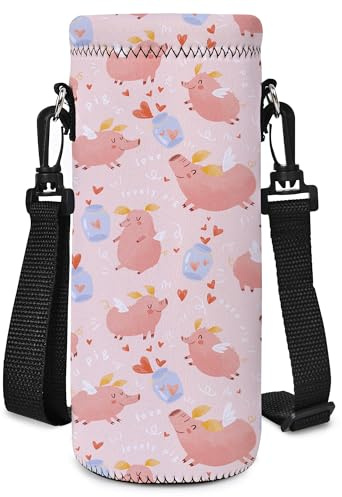 Mibbxea 500 ml vattenflaska bärväska, axelväska för flaskor, neopren flaskkylare med bärrem för män kvinnor, resor, cykling, vandring, gym, löpning, camping (rosa gris)