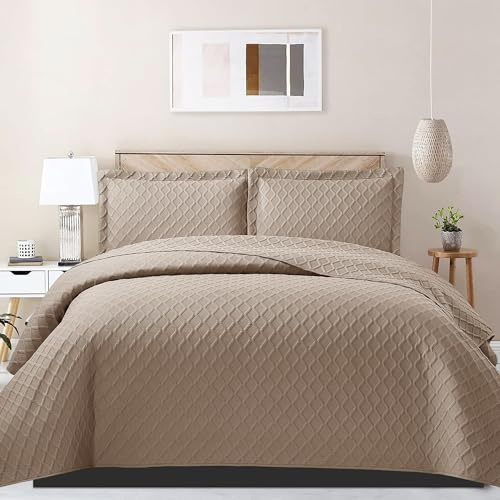 PHP Bedspread Bed Throws for Bedroom Decor - Decorative Embossed Diamond Check Pattern Quilted Fabric Reversible Quilt Bedspreads Coverlets with Pillow Case (Single, Mink)