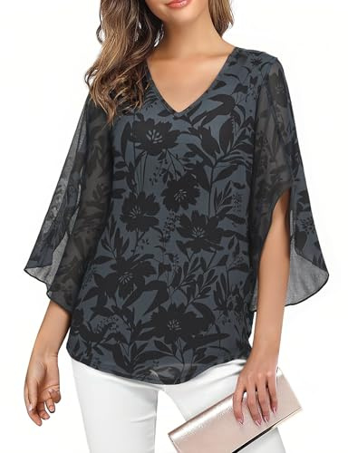 Enmain Camicia Nera Donna Elegante Volant Scollo a V 3/4 Manica Blusa Abbigliamento Donna Curvy Fiori Leggero Casual Estiva Primaverile Top L