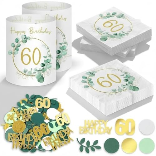Tischdeko 60. Geburtstag - 20 Stück Servietten Dekoration, 12 Stück Windlicht Tischdeko, 100 Stück Eukalyptus Deko Konfetti, Happy Birthday Party Geburtstagsdeko für 60 Geburtstag Mann Frauen