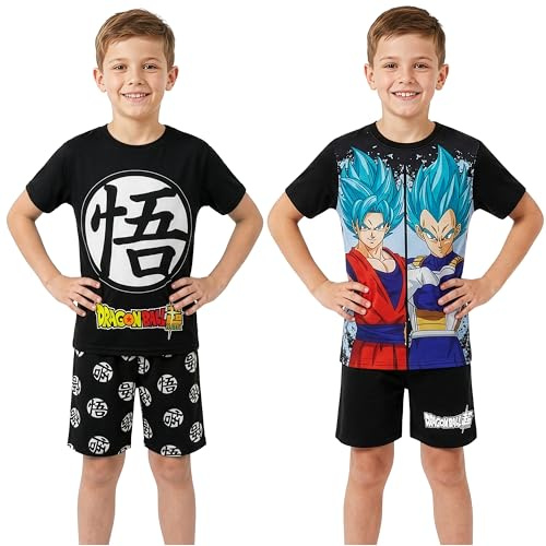 Get Trend Dragonball Z One Piece Pijama Niño Verano, 7-14 Años, 2 Pack, Conjunto de Camiseta Manga Corta y Pantalones Cortos, Cómodo y Transpirable, Regalos Niño (11-12 Años, Negro/Multi Dragon Ball)