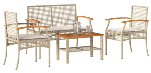 Teenpull 4-TLG. Garten-Lounge-Set, Beige Poly Rattan, Akazienholz Tischplatte, UV-beständig, mit Cremeweißen Kissen, für Terrasse, Balkon und Garten, Robustes Outdoor Möbel Set