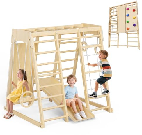 9-in-1 Montessori Indoor Jungle Gym for Toddlers 3+ - EN 71 Certified Wooden Climbing Frame with Removable Slide, Swing, Monkey Bars & Climbing Net - 150kg Capacity