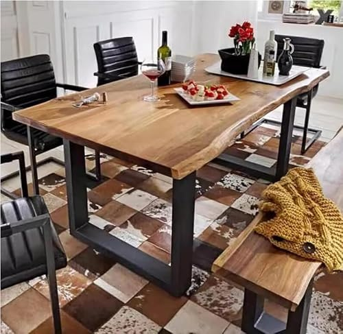 Live Edge bondgårdsbord – rektangulärt bord i massivt trä för 2–8 köksbord i industriell stil med metallbas – perfekt för matsal och köksdekor