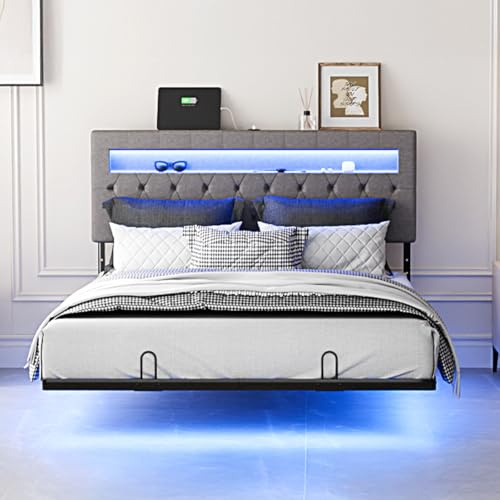 Bonnlo Polsterbett 140x200 cm mit Schwebeoptik – LED-Beleuchtung mit 60.000 Farben, integrierte Ladestation, höhenverstellbares Kopfteil, Leinenoptik, Grau (Ohne Matratze)