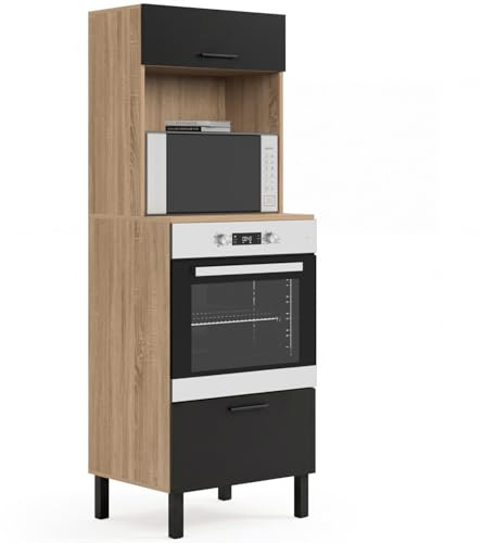 IDMarket - Armario columna de cocina horno/microondas 60 cm CINA 2 puertas negro y efecto haya