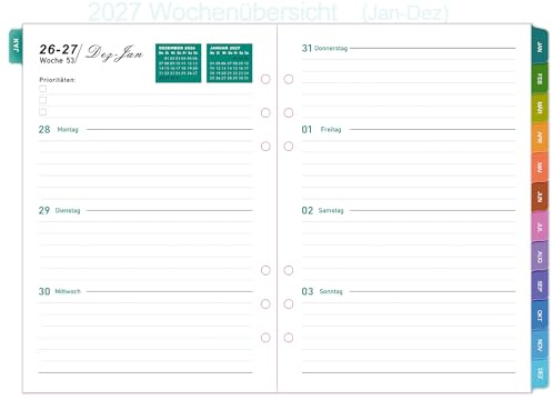2027 Wochenplaner Einlage A5 6 Löcher, Deutsch, 1 Woche auf 2 Seiten mit Tabs, datiert mit Feiertagen, Extra Notizen & Kontakte, Geschäftsplaner Jan-Dez, 100g/m² Papier, Nachfüllpapier für Kalender