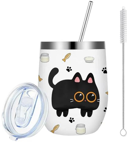 Schwarze Katzen Thermobecher 350ml, Katzen Trinkbecher mit Strohhalm, Dichter Kaffeebecher To Go mit Katzenmotiv, Geschenk Katzenliebhaber Frauen, Doppelwandig Isolierbecher für Eisgetränke Picknick