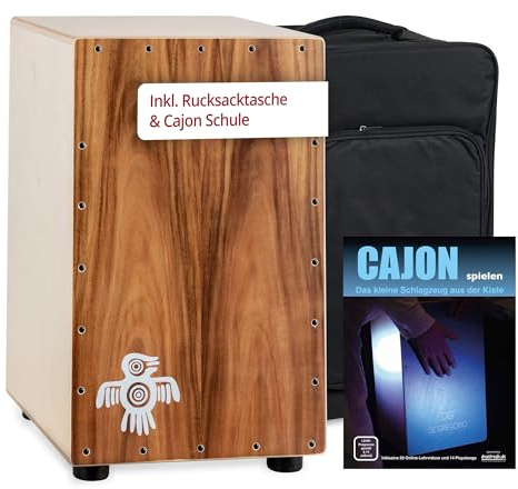 XDrum PERC CP-483 Cajon Peruana Koa Set (Set inkl. Cajon mit Birken-Korpus & Snareeffekt, passende Rucksack-Tasche für sicheren Transport & Aufbewahrung und Cajonschule für Einsteiger)
