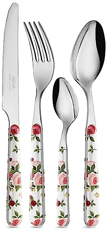 NEVA | BISTROT Roses Collection 24-teiliges Besteckset, Besteckset aus Edelstahl, spülmaschinenfest, unauslöschliche Dekoration, Makrorose