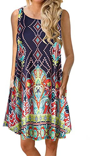 OMZIN Femme Débardeur Basic Coloré Robe D'été Débardeurs avec Poches Mini Robe De Plage Fleurs FK Violet M