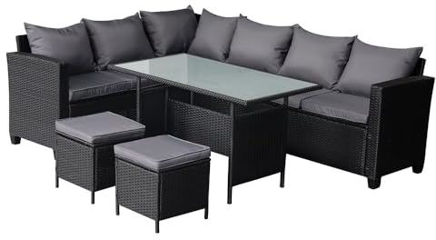 Panana 8 Seater Rattan Garden Furniture Corner Dining Set, Outdoor Sofa Set with Dining Table, 2 Stools, Cushions, Free Cover for Patio & Conservatory (Black Wicker with Grey Cushions)