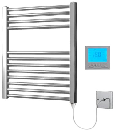 Elektrischer Handtuchhalter 500 breit x 600 hoch, flach, Chrom, mit 7-Tage-Programmierer/Raumthermostat