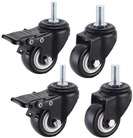 4 Pezzi Ruota Girevole con Perno Filettato,Ruote in poliuretano,Ruote pesanti ruote trolley e mobili (2 Con freno & 2 Nessun freno) Viti M8/M10,Per carrelli mobili/mensole,1.5 pollice(M10)