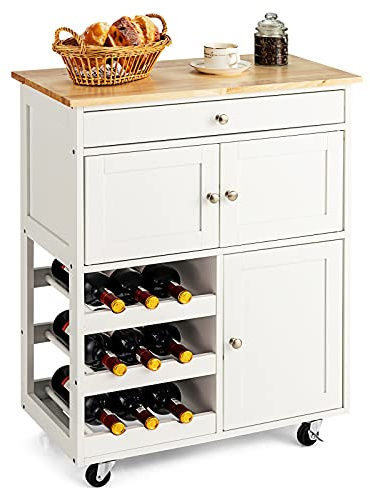 GOPLUS Köksvagn på hjul, serveringsvagn med 1 låda, 2 skåp och vinställ, rullvagn av trä, gummihjul, metallhandtag, i lantlig stil, för kök, restaurang, bar (vit)