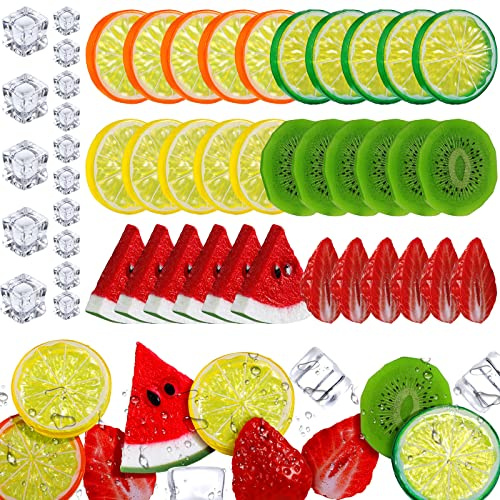 Juexica 48 Pcs Fake Fruit Slices Ice Cubes Artificial Fruits for Decoration Fake Lemon Slices Watermelon Strawberries Kiwi with Ice Rocks for Tumblers Vase Decor Bake Crafts