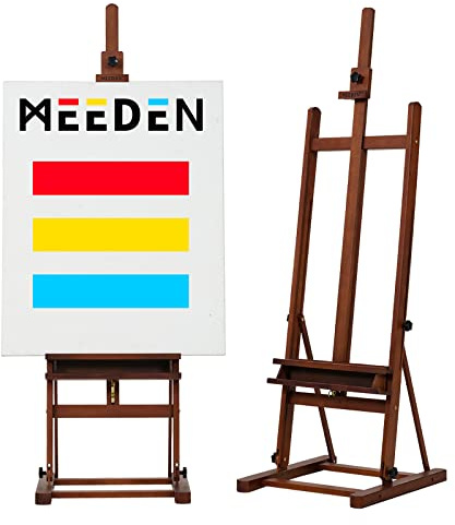 MEEDEN Studio H-ram staffli med förvaringsbricka, massivt bokträ konstnärsmålningsstaffli, bästa trägolvstaffli, rymmer canvaskonst upp till 122 cm – valnöt