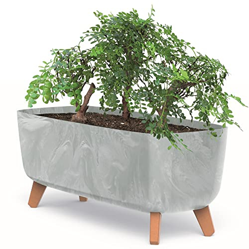 Blumentopf an den Füßen Töpfe Pflanzkübel 39 cm Breite hell Grau Kunststoff Blumenkasten mit Einsatz Beton Optik Übertöpfe Geldbaum Kakteen Gummibaum