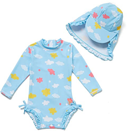 Mazuliso Bebé Niñas Traje de Baño una Pieza Manga Larga UPF50+ Bañadores con Cremallera y Sombrero(Sky,68-74 CM)
