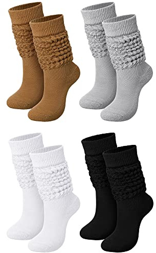 Janmercy 4 Pairs Slouch Socks for Women Bulk Stacked Boot 80s 90s Neon Slouch Knit Scrunchie Socks(Medium,Pure Color)