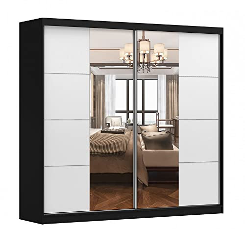 Kleiderschrank M38 mit Spiegel 233 cm, Schwebetürenschrank, Garderobeschrank Schlafzimmer; Wohnzimmerschrank; Korpus Schrank Farbe: Schwarz; Farbe der Schrankfront: Weiß - 2 Schiebetüren