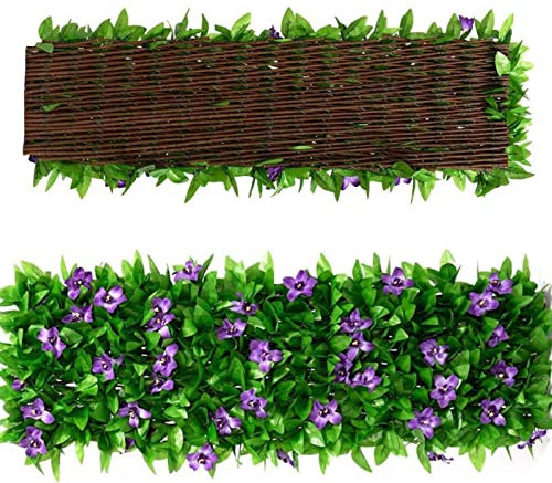 Mineatig Seto Artificial Ocultacion Jardin,Valla Extensible con Hojas,Pantalla De Privacidad De Valla Extensible para Balcón,Patio al Aire Libre,Patio Trasero,con Flores Moradas,30x180cm