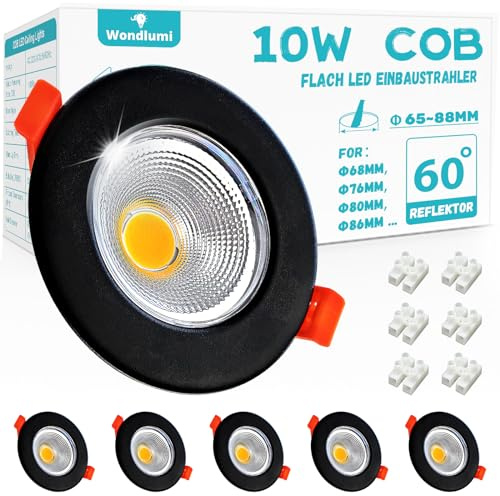 Wondlumi 6x Faretti LED da Incasso per Cartongesso,10W Equivalenti a 100W 850LM,Foro 65-85mm Luce Fredda 5000K per Cucina,Interno,Faretti Led Soffitto COB 220V