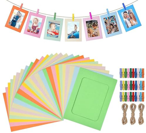 30 Pezzi Cornice per Foto in Carta Kraft Colorato 6x4 Pollici DIY Sospesa Decorazione con Clip in Legno e Corda di Canapa Set per Casa Scuola Ufficio Parete Decorazione