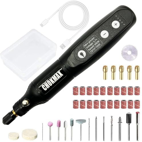 CHOKMAX Cordless Attrezzo Rotativo, 3.7V Mini Grinder con 5 Velocità Variabile, Luce Del Lavoro Anteriore LED, 42pcs Accessori Elettrici Multi-Tool per la Lucidatura, Pulizia e Lncisione Nero