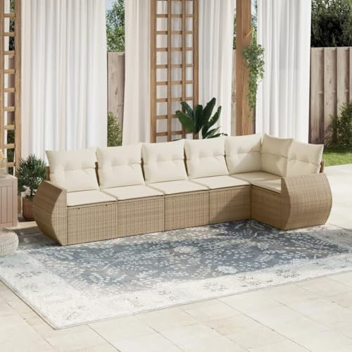Rantry 6-TLG. Gartenmöbel Set mit Kissen Gartensofa Gartenlounge Balkonmöbel Rattansofa Loungesofa Modular Ecklounge Ecksofa Sofagarnitur Sitzgruppe Loungemöbel Beige Poly Rattan