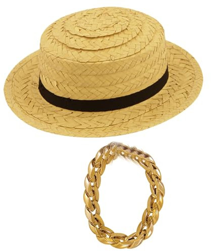 labreeze Adults Straw Boater Hat with Gold Gangster Bracelet 1920’s Rowing Boat Hat Fancy Dress Party Set