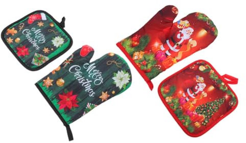 Alipis 2sets Christmas of Oven Mitts Heat Resistant Pot Holder Kitchen Baking Gloves Thickened for Oven Use