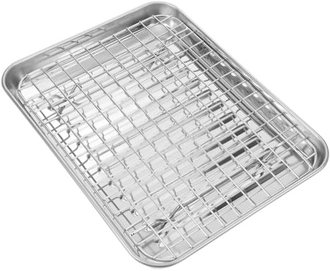 MAGICLULU Plaque de Cuisson Inox Antiadhésive 43 Cm avec Grille de Refroidissement en Acier 430/201, Plateau Multifonction pour Barbecue Cuisine Maison, Ensemble 2 Pièces