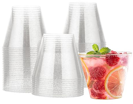 MATANA 30 Gobelets en Plastique Dur Transparent Paillettes Argentées (255 ml / 9 oz) - Verres Élégants et Réutilisables pour Anniversaires, Mariages, Noël, Barbecues, Fêtes