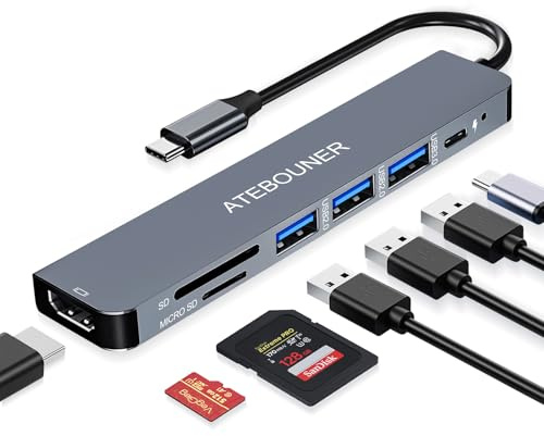 Adaptador multipuerto para MacBook, Adaptador multipuerto USB C, Adaptador USB C 7 en 1, Adaptador USB C 7 en 1 con 4K HDMI 100 W PD USB 3.0 hub con Lector de Tarjetas SD USB Hub Adaptador USB para