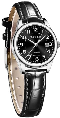 Taxau Ladies Watches for Small Wrist Leather Watch Women Dress Watch Black Dial Waterproof Watch for Female Elderly Large Number Easy Read Hand Watch with Date Reloj De Mujer