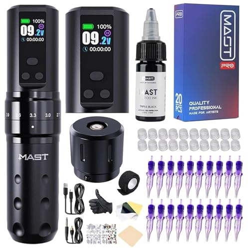 Mast Fold2 Pro Kit Tatuaggio Senza Fili, Penna Professionale Rotativa | 2 Batterie 2000mAh, RCA Connect, Aghi E Inchiostro Nero, Set Completo,Nero