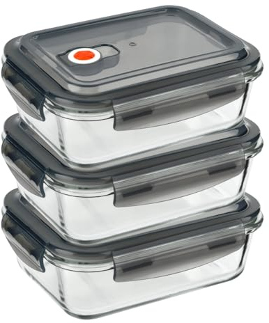 HOMESHOPA Airtight Glass Food Storage Container With Snap Locking Steam Vent Lids, 3 Pack 620ml BPA-Free & Leak Proof Silicone Seal Plastic Clip Lock Lids, Meal Prep Takeaway Lunch Boxes