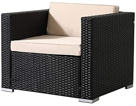 Arebos Poly-Rattan Gartenlounge Sessel | Inkl. Sitz- und Rückenkissen | Schwarz | Wetterbeständiger Garten-Sessel | 85 x 75 x 34 cm