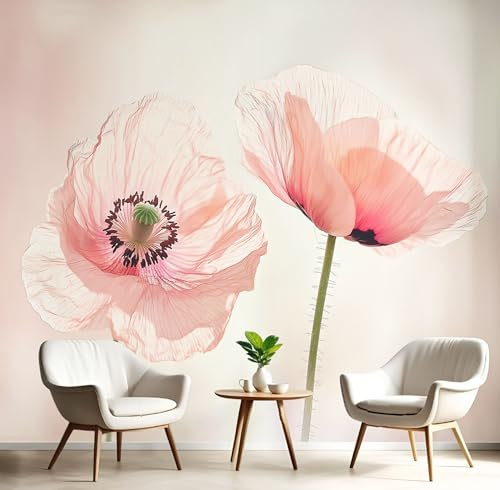 3D Papier Peint Panoramique Fleurs Pavot Rose Intissé, 260×180cm Rétro Pétales Grandes Murales Poster pour Salon, Adulte Chambre d'enfants, Étude Décoration